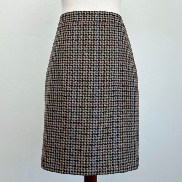 J. Crew Wool Blend Houndstooth Plaid Brown Pencil Skirt - Picture 1 of 7